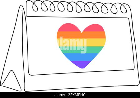 Loose-leaf calendar continuous line drawing with hearts in rainbow colors. Organizer concept. Pride month. Vector illustration Stock Vector