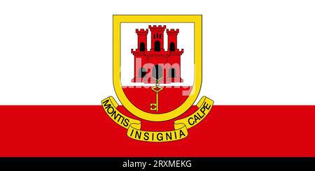 The official current flag and coat of arms of Gibraltar State flag of Gibraltar. Illustration. Stock Photo