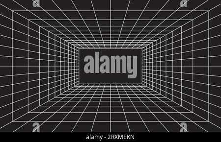 Grid room in perspective in 3d style. Indoor wireframe from white laser beam,  digital empty box. Abstract geometric design. Vector illustration Stock Vector