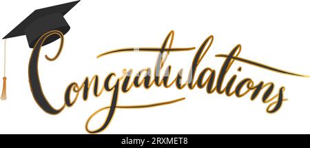 Congratulations! greeting sign. Congrats Graduated. Handwritten modern brush lettering with academic cap. Text for card, T-shirt print, banner, poster Stock Vector