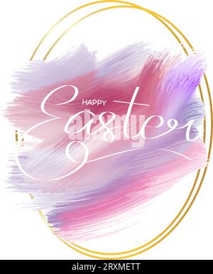 Happy Easter lettering. Blue brush strokes in round gold frame. Design template for banner, card, cover, web, flyer, poster. Vector illustration Stock Vector