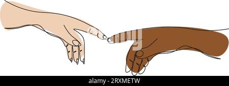 Continuous one line drawing two hands touch each other. Reconciliation concept.  The concept of tender relationships, mutual assistance. Vector illust Stock Vector