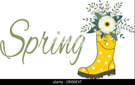Cute bouquet in yellow rubber boots. Gardening boot with flowers. Spring Concept. Vector Illustration. Stock Vector