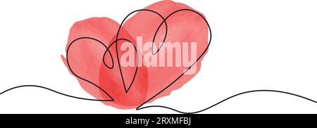 One Continuous line drawing of two hearts  with red watercolor spots. Romantic symbols in simple linear style. Minimalist Doodle. Vector illustration Stock Vector
