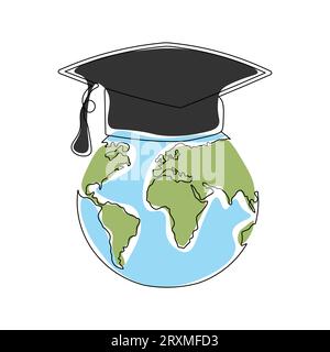 One continuous line drawing of Earth globe with graduation hat.World map doodle line drawing. Hand drawn graphic concept for education. Isolated on wh Stock Vector