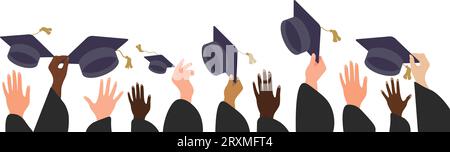 Graduating students of pupil hands in gown throwing graduation caps in the air, flying academic hats, throw mortar boards in the sky flat cartoon vect Stock Vector