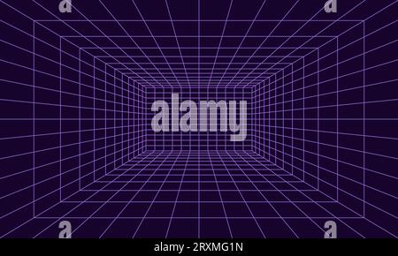 Grid room in perspective in 3d style. Indoor wireframe from violet laser beam,  digital empty box. Abstract geometric design. Vector illustration Stock Vector