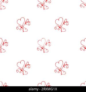 Seamless pattern Couple of red outline hearts. Hand drawn doodle texture for textile, wrapping paper on the Valentine day or wedding. Vector Illustrat Stock Vector