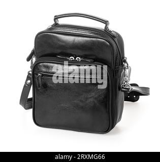 Black leather small bag for money, keys, and documents isolated on white. Black men's wallet Stock Photo