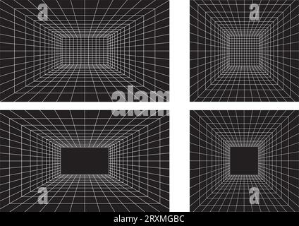 Set of Grid room in perspective in 3d style. Indoor wireframe from white laser beam,  digital empty box. Abstract geometric design. Vector illustratio Stock Vector