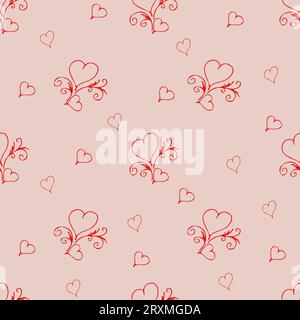 Seamless pattern Couple of red outline hearts. Hand drawn doodle texture for textile, wrapping paper on the Valentine day or wedding. Vector Illustrat Stock Vector