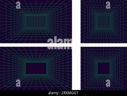 Set of Grid room in perspective in 3d style. Indoor wireframe from green laser beam,  digital empty box. Abstract geometric design. Vector illustratio Stock Vector