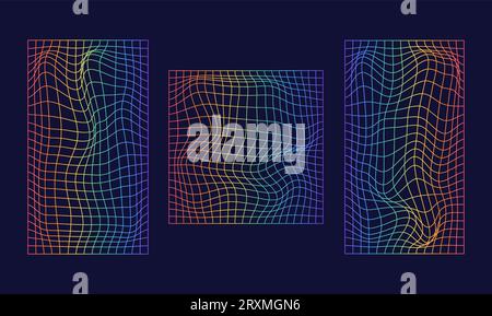 Set of distorted rainbow mesh.Retrowave, synthwave, rave, vaporwave.Trendy retro 1980s, 90s style. Vector illustration. Stock Vector