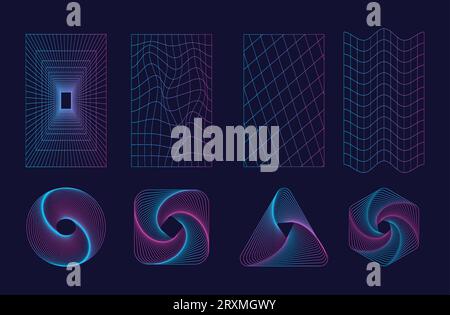 Set of abstract shapes and grids in trendy neon color. Trendy retro 1980s, 90s style. Vector illustration. Stock Vector