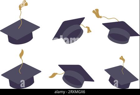 Set of graduation square hat. Education cap collection. Graduation cap isolated on the background. Vector illustration Stock Vector