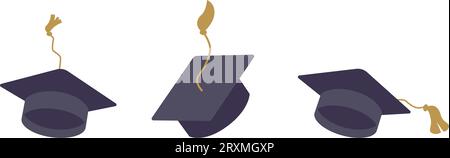 Set of graduation square hat. Education cap collection. Graduation cap isolated on the background. Vector illustration Stock Vector