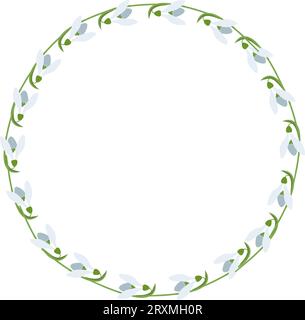 Snowdrops hand drawn flower wreath. Vintage Romantic floral round frame. Floral arrangement for wedding invitation, Birthday. Vector illustration Stock Vector
