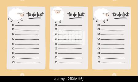 Set collection of to do list template decorated by cute sheep. Cute design of schedule, daily planner or checklist. Perfect for planning, notes and se Stock Vector