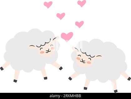 Valentine's day background with cute sheep cartoon and heart sign symbol. Vector illustration. Stock Vector