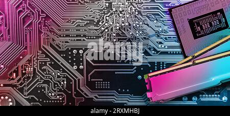 Computer memory and  processor on circuit motherboard background .  Computer components . Stock Photo