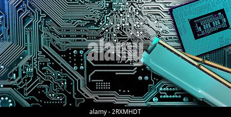 Computer memory and  processor on circuit motherboard background .  Computer components . Stock Photo