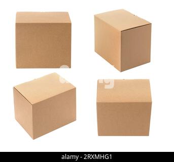 set of  closed cardboard Box or brown paper package box isolated  on white background Stock Photo
