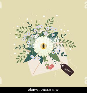 Spring bouquet of flower in paper envelope with label. Concept for mother's day, March 8. Vector illustration Stock Vector