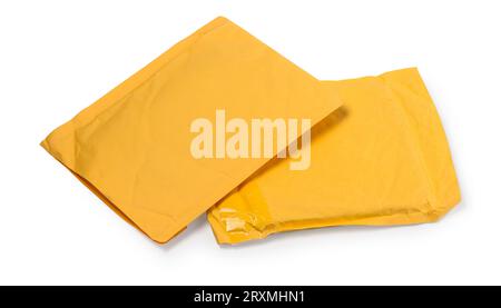 Yellow postal bags for packing parcels isolated on white background. With clipping path Stock Photo