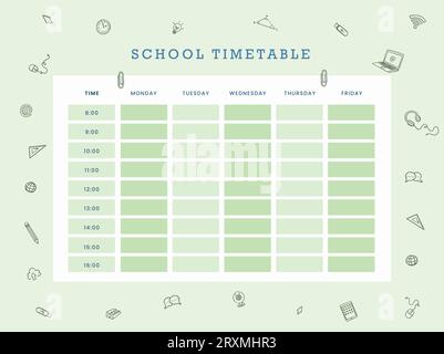 School timetable.Weekly planner template with school objects and symbols.Vector illustration Stock Vector