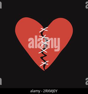 Two halves sewn with white threads. Reconciliation concept. Restore love. Isolated on black background. Vector illustration Stock Vector