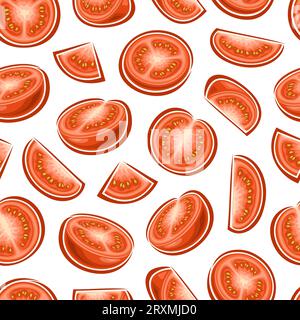 Vector Red Tomato seamless pattern, repeat background with variety chopped ripe garden tomatoes for bed linen, decorative square poster with group of Stock Vector