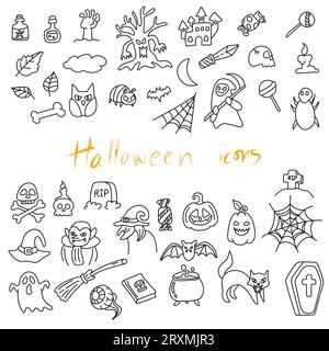 set of hallween drawing doodle illustration vector hand drawn isolated on white background Stock Vector