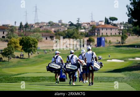 Team Europe caddies during a practice round at the Marco Simone Golf and Country Club, Rome, Italy, ahead of the 2023 Ryder Cup. Picture date: Tuesday September 26, 2023. Stock Photo