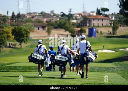 Team Europe caddies during a practice round at the Marco Simone Golf and Country Club, Rome, Italy, ahead of the 2023 Ryder Cup. Picture date: Tuesday September 26, 2023. Stock Photo