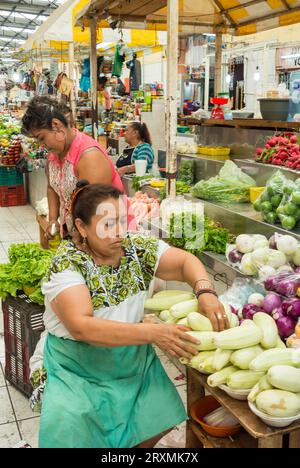 Mérida, Yucatan, Mexico, Local greengrocer selling vegetables fruits at mercado ( market), Editorial only. Stock Photo