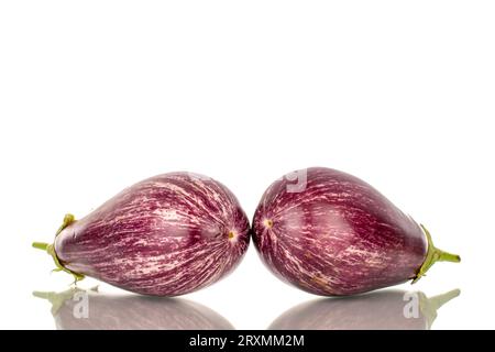Two organic ripe eggplants, macro, isolated on white background. Stock Photo