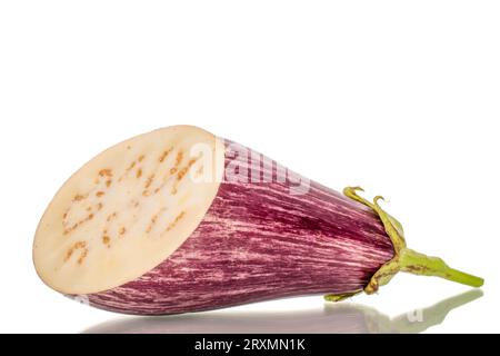 One half juicy eggplant, macro, isolated on white background. Stock Photo