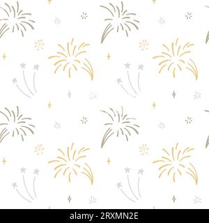 Cute line doodle firework seamless pattern. Vector illustration. Holiday event design. Christmas salute. Stock Vector