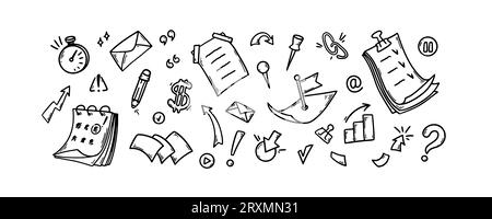 Set of business office doodle elements. Hand drawn stationary, arrow, flying paper pile, pin, calendar. Vector illustration in sketch style Stock Vector