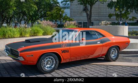 DETROIT, MI/USA - SEPTEMBER 23, 2023: A 1970 Dodge Challenger T/A 340 Six Pack car, Detroit Concours 'd Elegance. Stock Photo