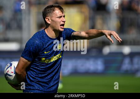 Nicolo Barella of FC Internazionale gestures during the warm up ahead of the Serie A football match between Empoli FC and FC Internazionale at Carlo Castellani stadium in Empoli (Italy), September 24th, 2023. Stock Photo