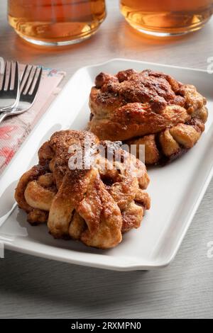 Pair of fresh homemade cinnamon rolls on a plate close up Stock Photo