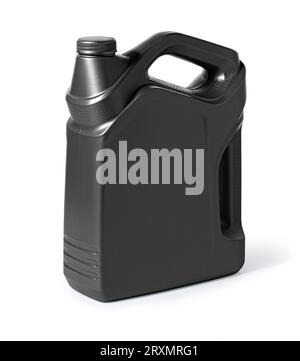 black  plastic canister for lubricants without label, container for chemicals isolated on white, with clipping path Stock Photo
