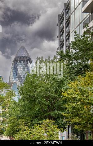 The Gherkin rising above a group of tress seen from Spitalfields Market ,London E1 Stock Photo