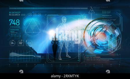 Infographic with 3D human model and scientific data collection on a sci-fi background. Stock Photo