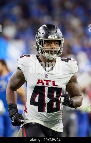 Atlanta Falcons linebacker Bud Dupree (48) works during the first half of  an NFL preseason football game against the Cincinnati Bengals, Friday, Aug.  18, 2023, in Atlanta. The Cincinnati Bengals and the