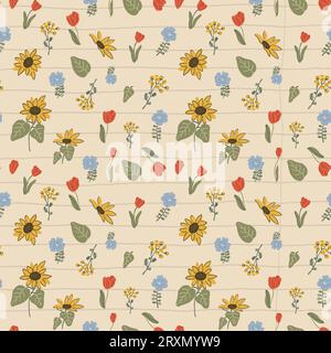 Cottagecore print wallpaper with Delicate Chintz Romantic Meadow Wildflowers and garden flowers on vintage beige old paper sheet. Traditional Retro Te Stock Vector