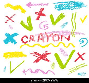 Set of crayon emphasis. strikethrough black charcoal underlines. doodle freehand Group of chalked swirl arrows and frames, diagrams. curved underlines Stock Vector