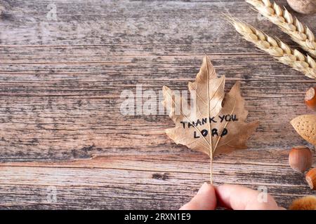 Thank You, LORD, handwritten note in hand over wooden background with ...