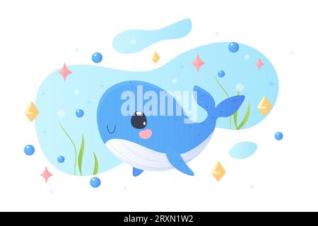 a cute whale in cartoon style. Vector illustration. T-shirt print, children's. blue whales, childrens icons for stickers, baby shower, books. Stock Vector